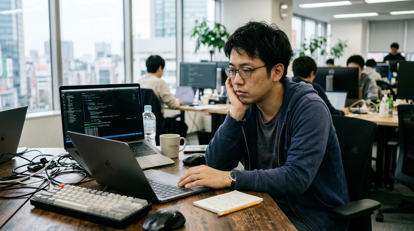 客先常駐のオフィスでノートパソコンに向かうエンジニアの後ろ姿