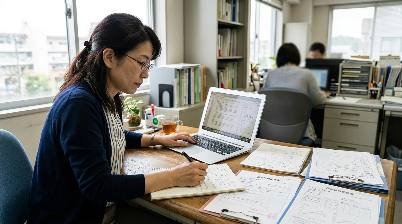 治験の書類とパソコンに向かう医療スタッフ