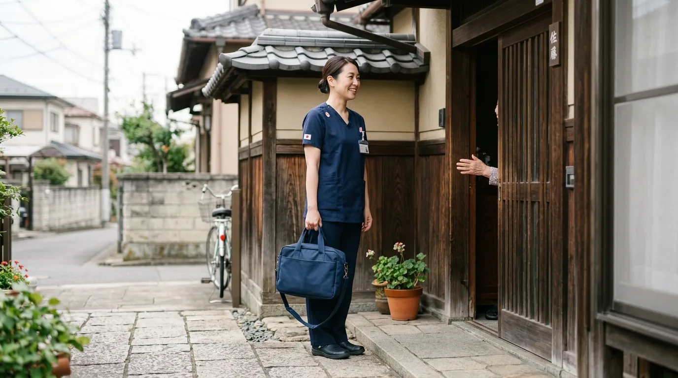 訪問看護師が先輩と同行訪問の前に記録を確認している様子