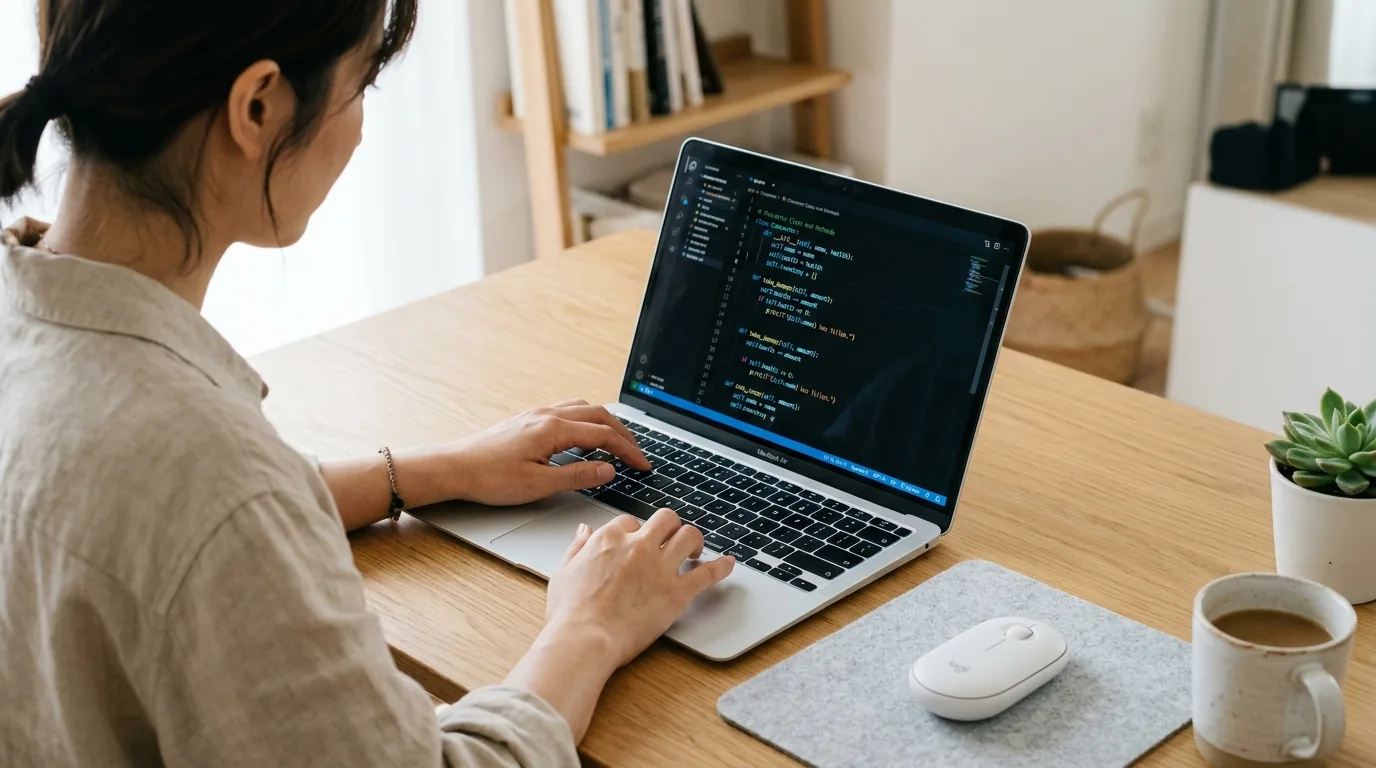 自宅でプログラミング学習に取り組む人の手元とノートパソコン