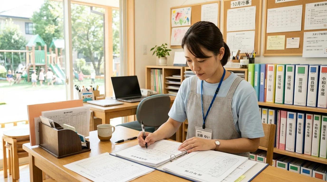 保育園の保育室で子どもと過ごす保育士