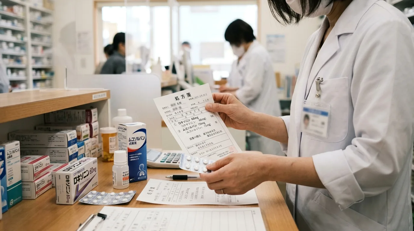 調剤台で処方箋と薬を確認する薬剤師の手元
